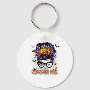October Girl Messy Hair Bun Birthday Halloween Pum Keychain