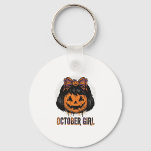 October Girl Pumpkin Bow Halloween Vector Design_1 Keychain