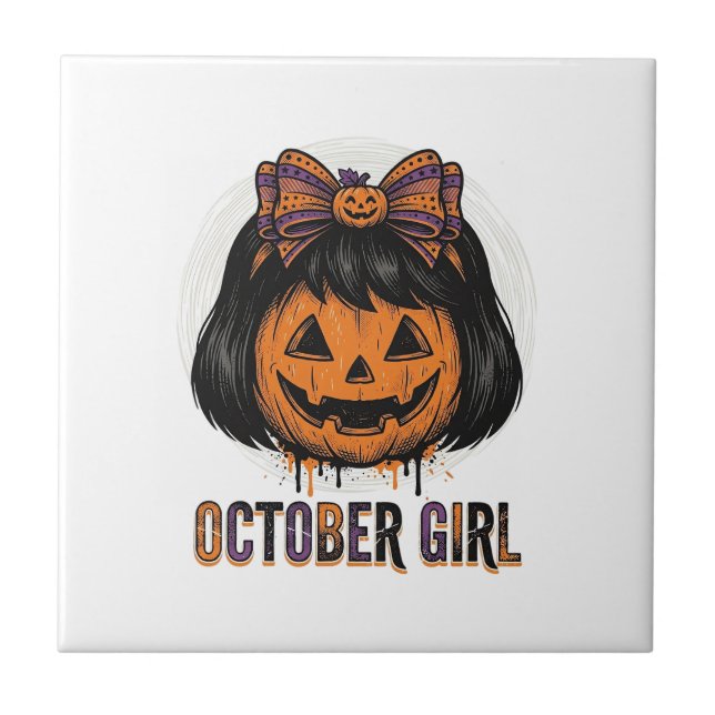 October Girl Pumpkin Bow Halloween Vector Design_1 Tile (Front)