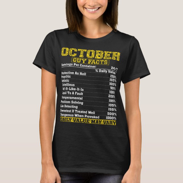 October Guy Nutrition Facts Libra Scorpio birthday T-Shirt (Front)
