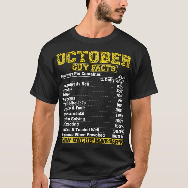 October Guy Nutrition Facts Libra Scorpio birthday T-Shirt (Front)