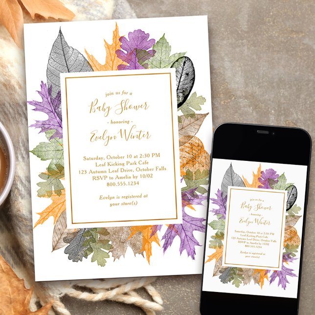 October Leaves Colourful Foliage Fall Baby Shower Invitation (Fall Baby Shower with colorful but delicate, autumn leaves)