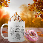 October Marigold and Cosmos Birthday Keepsake Coffee Mug<br><div class="desc">October actually has two flowers and two gemstones in celebration of birthdays for this month: flowers -- marigold and cosmos; gemstones -- pink tourmaline and opal. This design features all. This design features details in white, black, and the gemstone colours. We have paired it with a "Happy Birthday" greeting, along...</div>