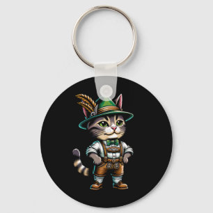 October Party Cat Funny German Bavarian Lederhosen Keychain