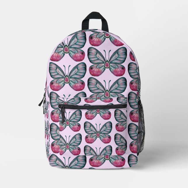 October Pink Glasswing Butterfly Pattern Design Printed Backpack (Front)