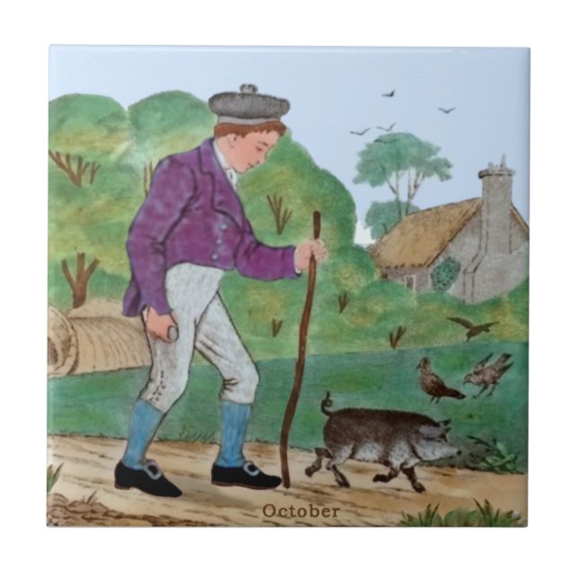 October Polychrome Wedgwood Boy Pig Antique Repro Tile (Front)