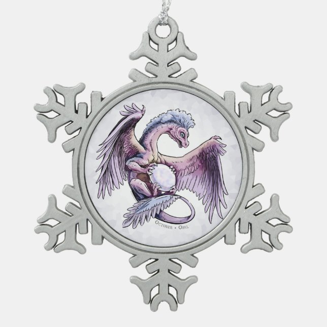 October’s Birthstone Dragon: Opal Snowflake Pewter Christmas Ornament (Front)