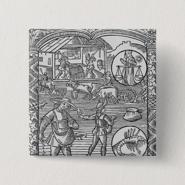 October, sowing, ploughing and threshing, 2 inch square button (Front)