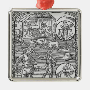 October, sowing, ploughing and threshing, metal ornament