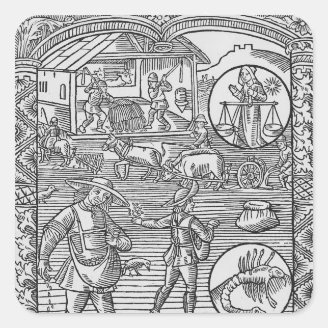October, sowing, ploughing and threshing, square sticker (Front)