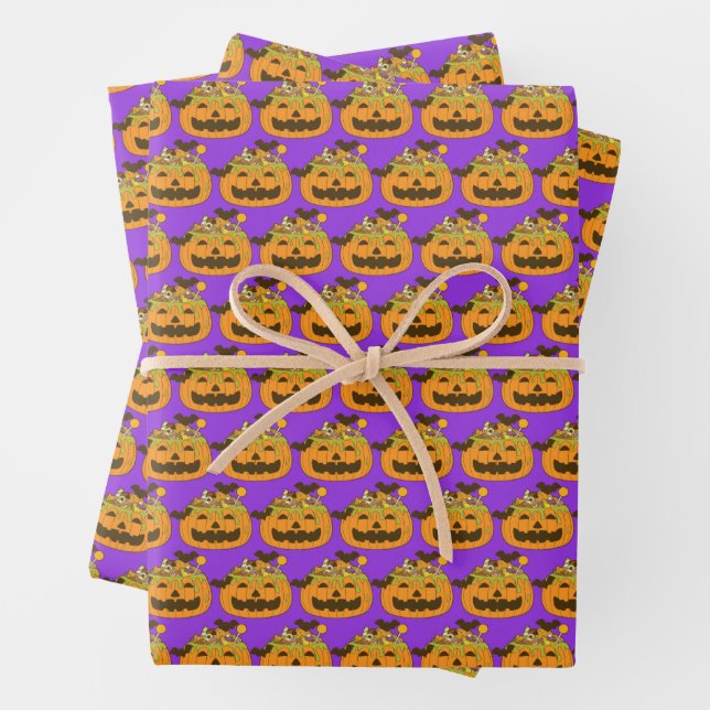 October Spooky Halloween Candy Pumpkin Wrapping Paper Sheet (In situ)