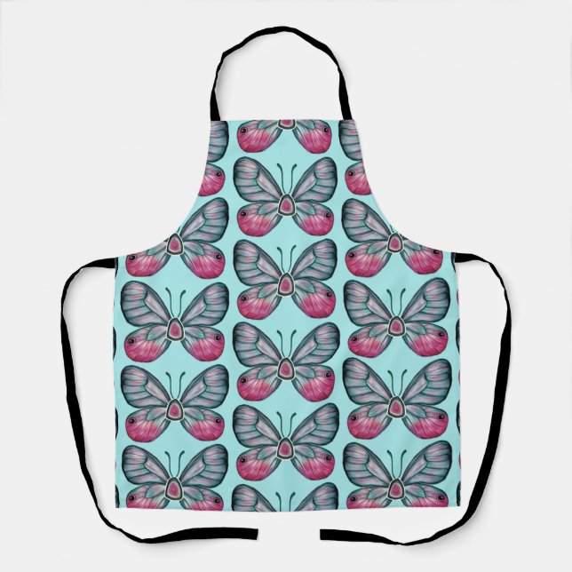 October Teal Glasswing Butterfly Pattern Design Apron (Front)