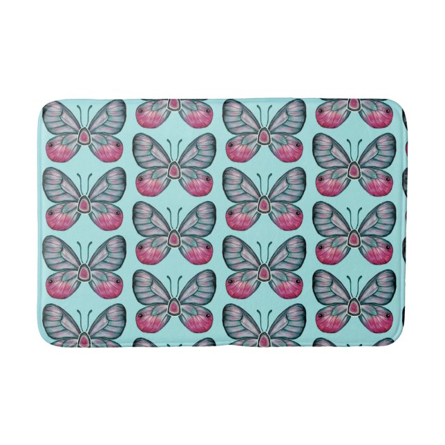 October Teal Glasswing Butterfly Pattern Design Bath Mat (Front)