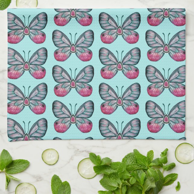 October Teal Glasswing Butterfly Pattern Design Kitchen Towel (Folded)