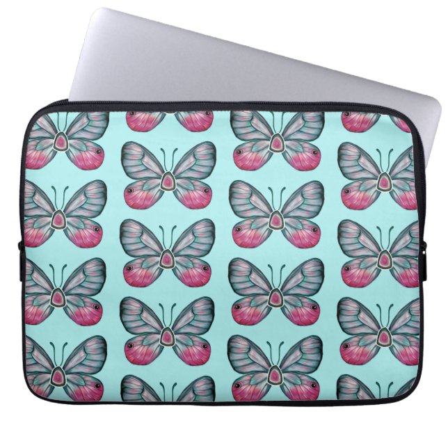 October Teal Glasswing Butterfly Pattern Design Laptop Sleeve (Front)