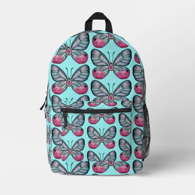 October Teal Glasswing Butterfly Pattern Design Printed Backpack (Front)
