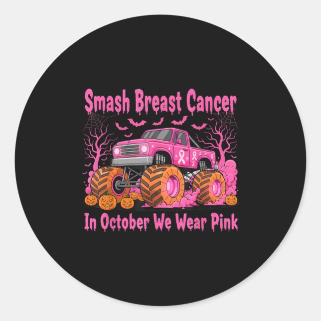 October We Wear Nk Monster Truck Halloween Breast  Classic Round Sticker (Front)