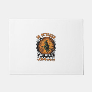 October We Wear Orange Flying Witch Pumpkins Black Doormat