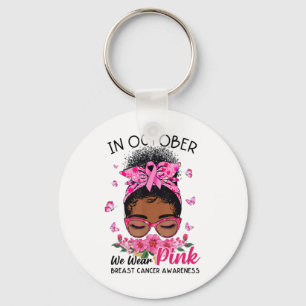 October We Wear Pink Black Women Messy Bun Breast Keychain