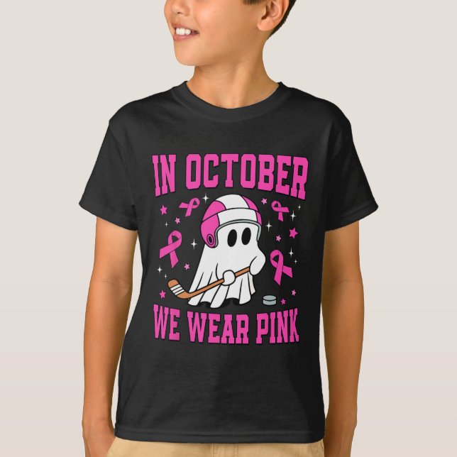 October We Wear Pink Ghost Hockey Breast Cancer  T-Shirt (Front)
