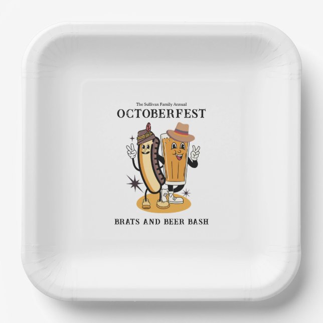 Octoberfest Brats and Beer Fall Party Retro Paper Plate (Front)