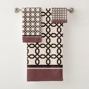 Octogone Pattern Dark Brown and Cream Bath Towel Set