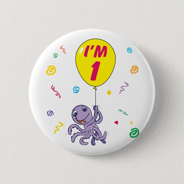 Octopus 1st Birthday 2 Inch Round Button (Front)