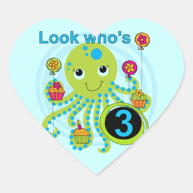 Octopus 3rd Birthday T-shirts and Gifts Heart Sticker (Front)