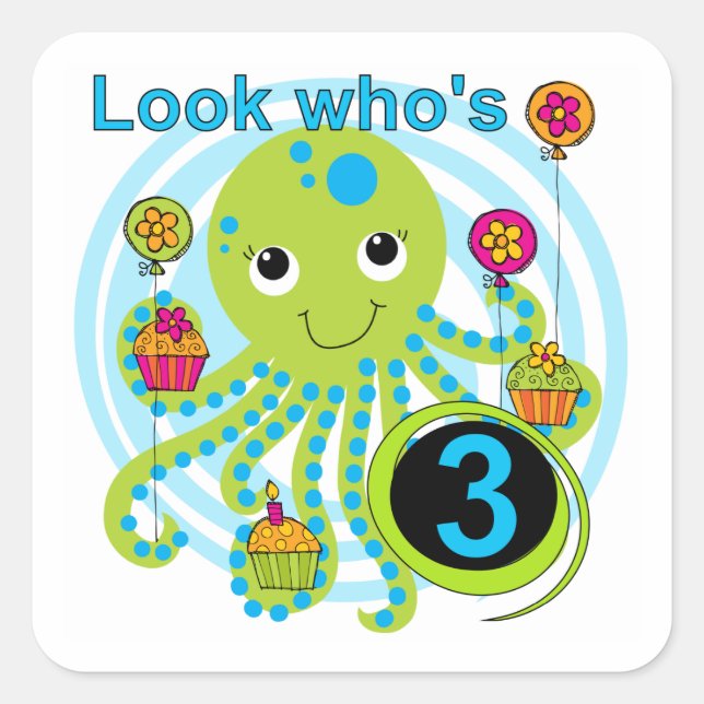Octopus 3rd Birthday T-shirts and Gifts Square Sticker (Front)