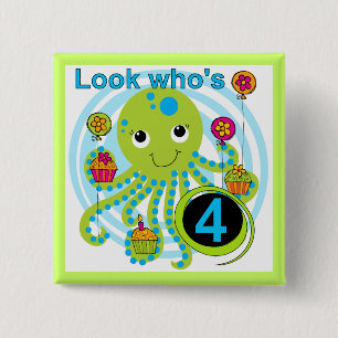 Octopus 4th Birthday T shirts and Gifts 2 Inch Square Button
