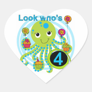 Octopus 4th Birthday T shirts and Gifts Heart Sticker