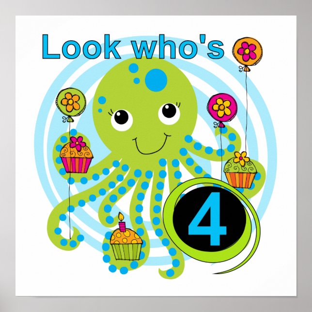 Octopus 4th Birthday T shirts and Gifts Poster (Front)