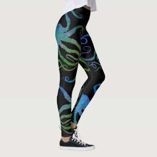 Octopus 6 Blue/Green On Black - Leggings