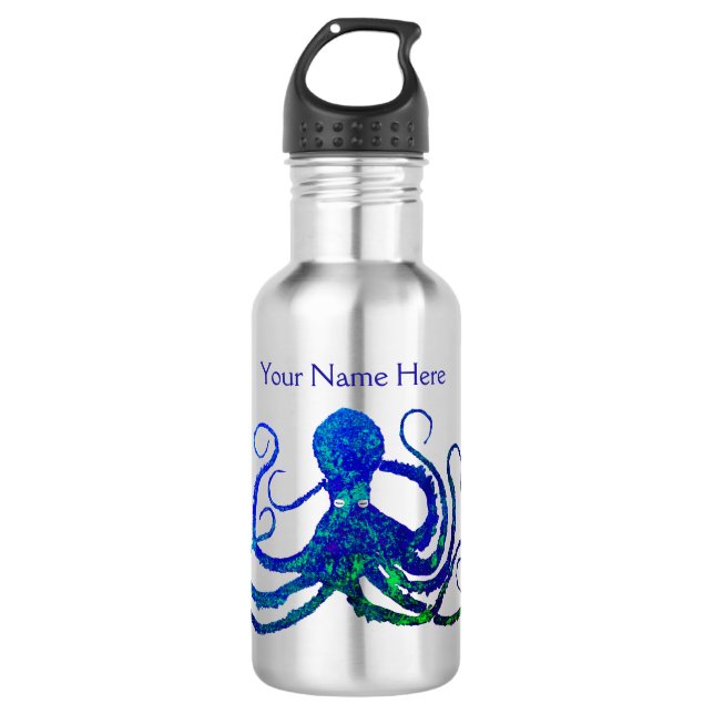 Octopus 8 Blue Green On Steel - Water Bottle (Front)