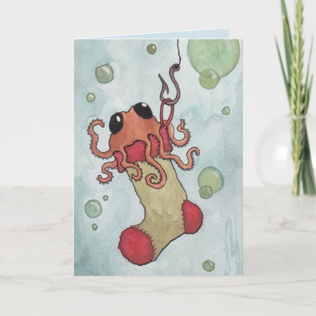 Octopus and Christmas Stocking Holiday Card (Front)