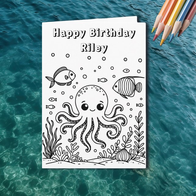 Octopus and Fish | Kid's Birthday Colouring Page Card (Creator Uploaded)