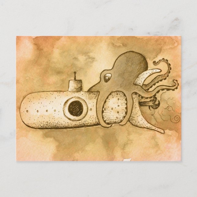 Octopus and Submarine Postcard (Front)