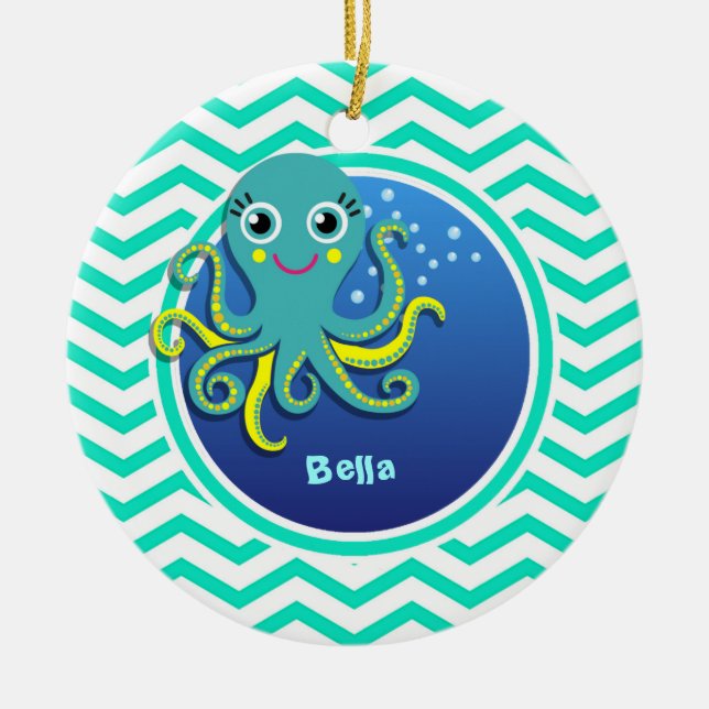 Octopus; Aqua Green Chevron Ceramic Ornament (Front)