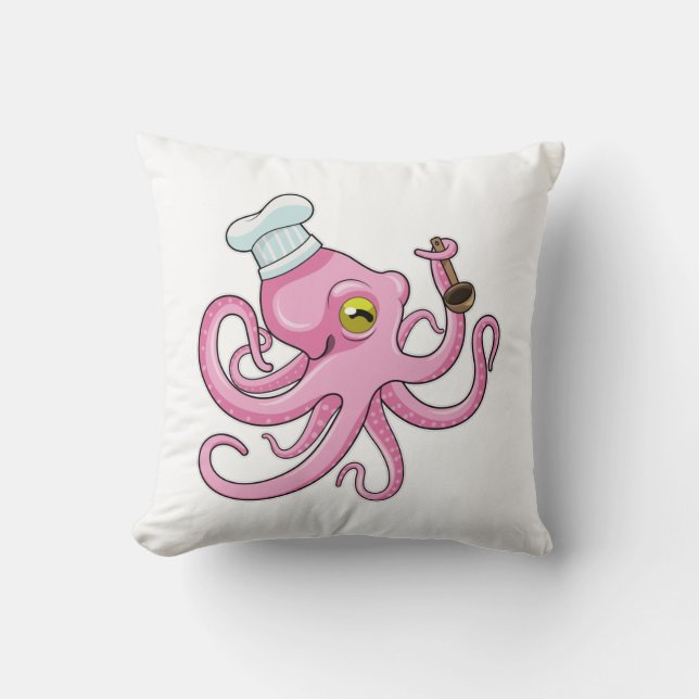 Octopus as Cook with Wooden spoon Throw Pillow (Front)