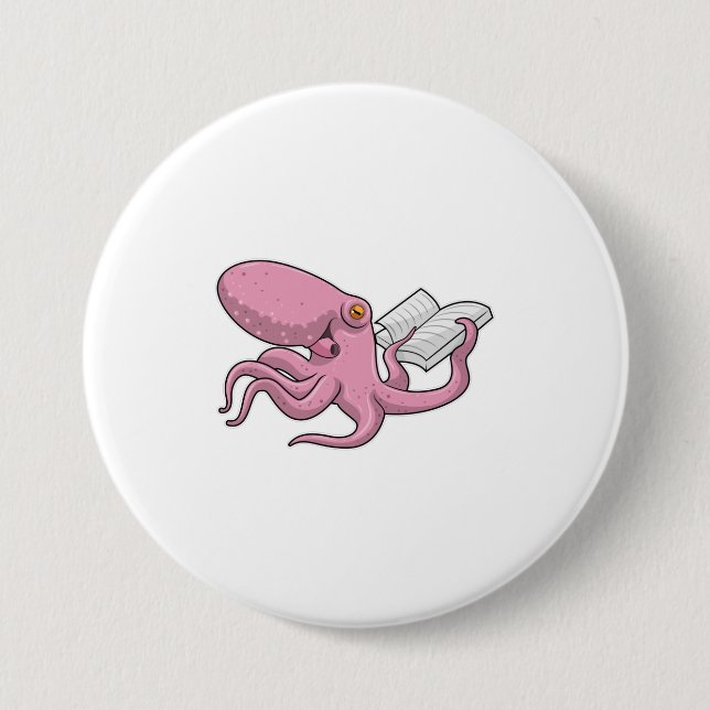 Octopus as Nerd witth Book 3 Inch Round Button (Front)