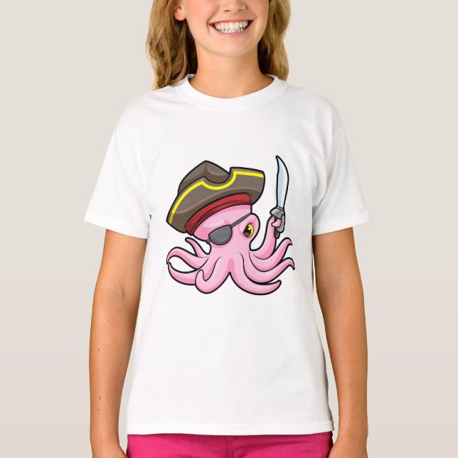 Octopus as Pirate with Saber & Eye patch T-Shirt (Front)