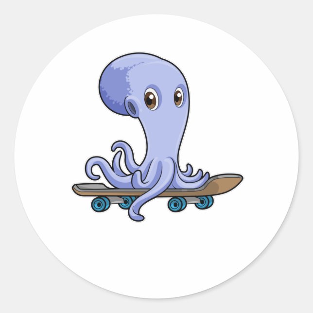 Octopus as Skater with Skateboard Classic Round Sticker (Front)