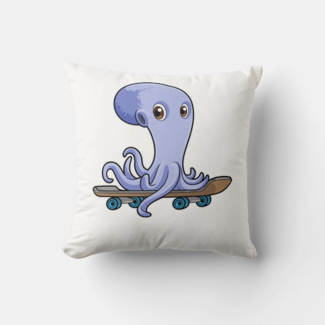 Octopus as Skater with Skateboard Throw Pillow (Front)