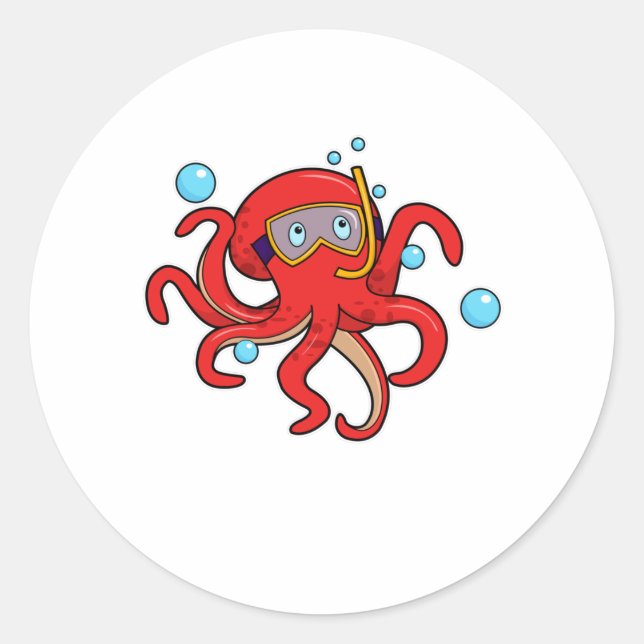 Octopus at Diving with Swimming goggles Classic Round Sticker (Front)