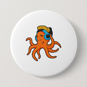 Octopus at Music with Headphone 3 Inch Round Button