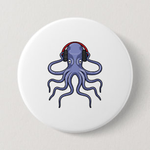 Octopus at Music with Headphone 3 Inch Round Button