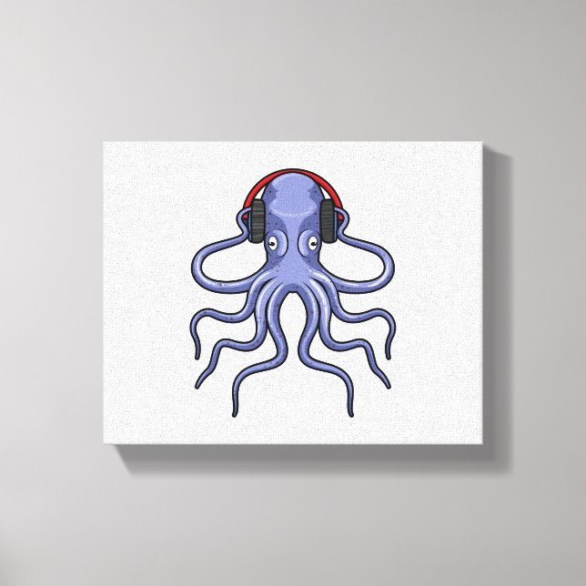 Octopus at Music with Headphone Canvas Print (Front)