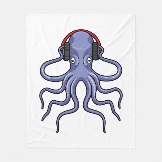 Octopus at Music with Headphone Fleece Blanket (Front)