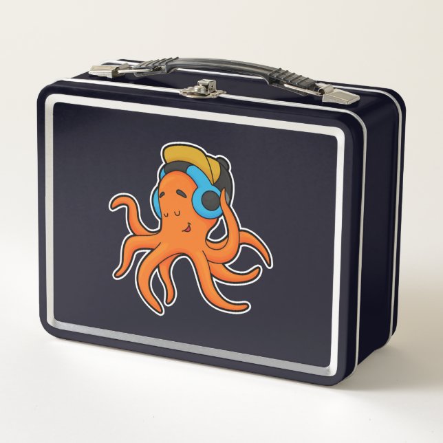 Octopus at Music with Headphone Metal Lunch Box (Front)