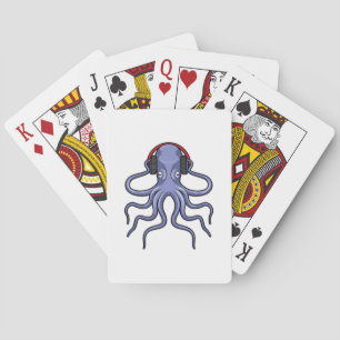 Octopus at Music with Headphone Playing Cards